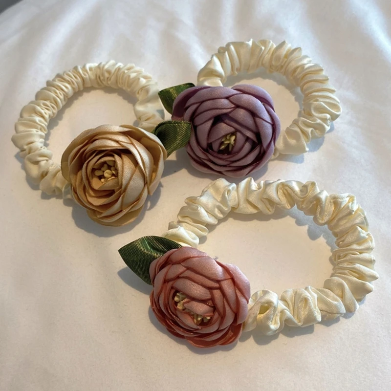 Large Intestine Hair Rings Scrunchies Big Flower Satin Hair Rope Hair Bands Decoration Elegant Elastic Ponytail Holders