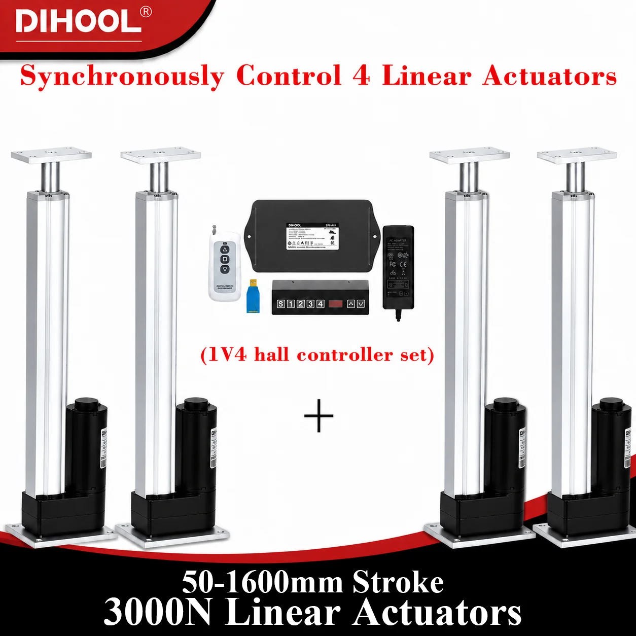 3000N Load 4Pieces Linear Actuators with Synchronous Control Hall Controller Set(1V4) 30kg~300kg DC24V 50MM~1600MM Stroke