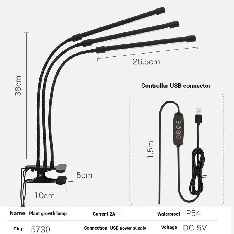 LED Planta Crescer Luz com Clip-On, 5V Cor Switching, USB Timable, Escurecimento, Espectro Completo, Crescer Flor, Casa