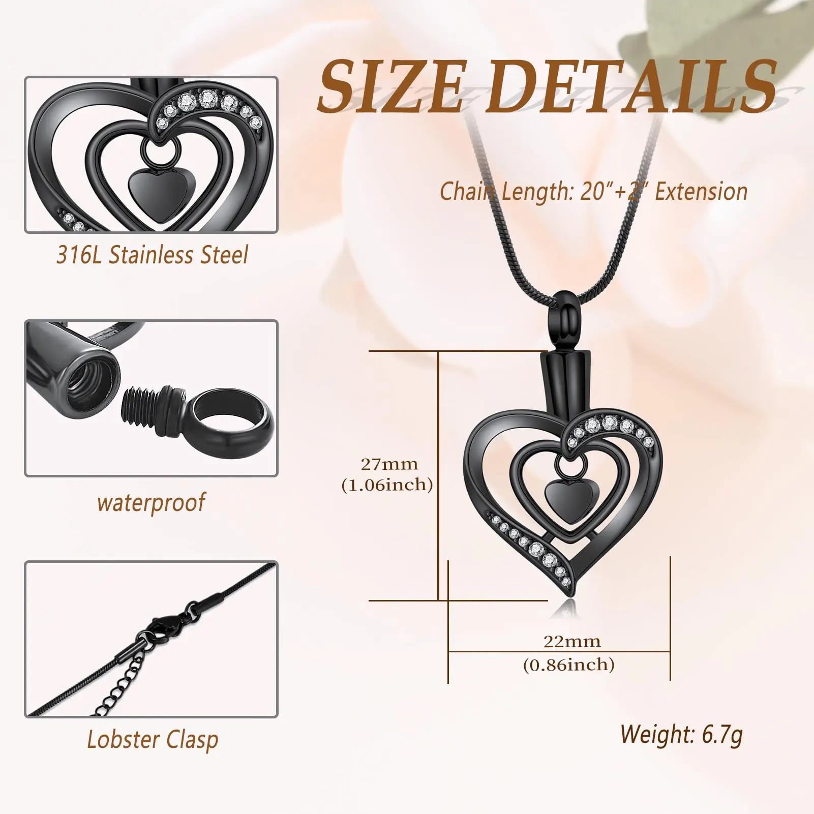 Heart Shape Cremation Urn Necklace for Ashes Loved Ones Memorial Pendant Jewelry Human Pet Funeral Keepsake Gift for Women