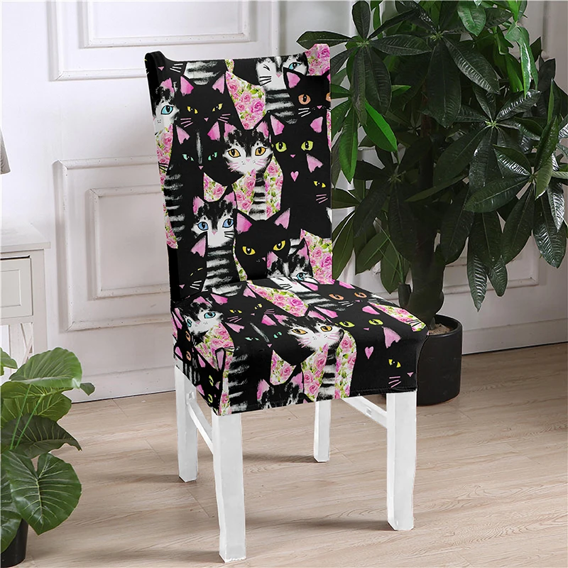 Cat Printed Chair Cover Spandex For Dining Room Elastic Material Modern Slipcovers Furniture Covers Kitchen Wedding Banquet