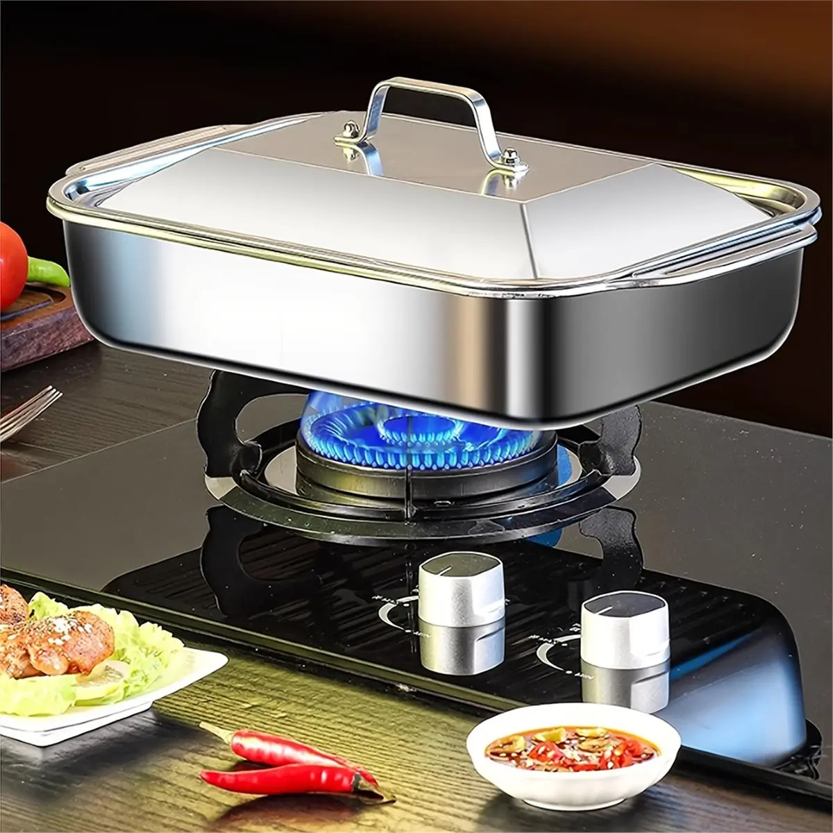 2PCs Tainless Steel Baking Pan Set with Lids-Dish for Fish/Pasta/Grilling Oven & Dishwasher Safe Cookware