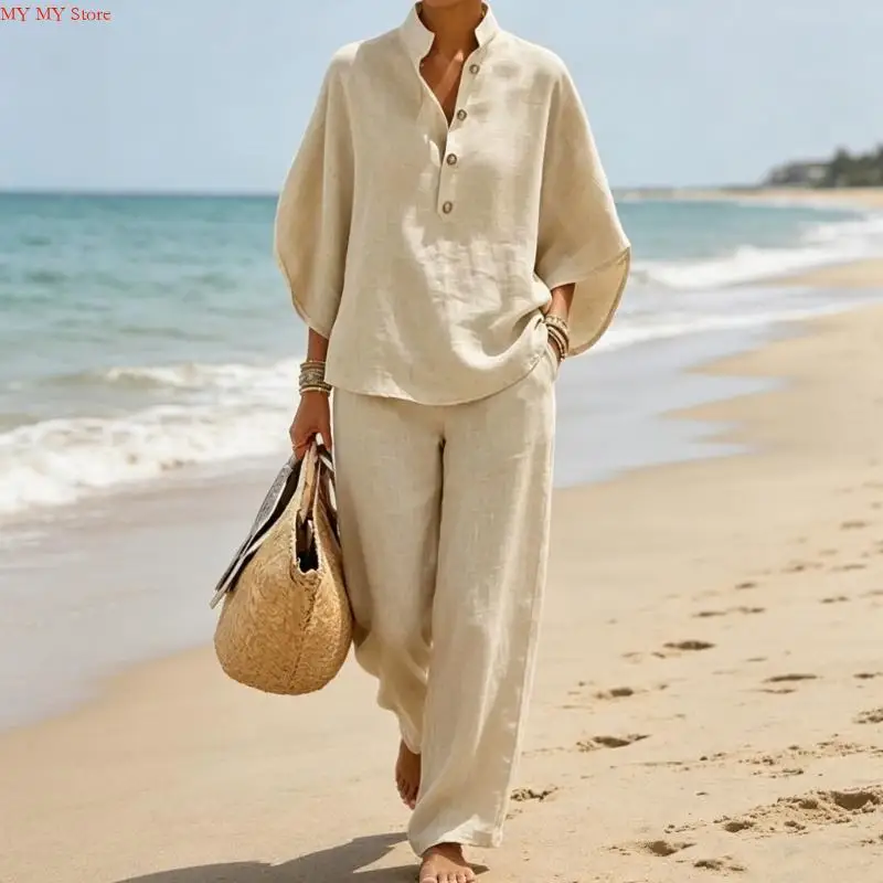 Two Piece Set for Women Spring Outfits 2026 Summer Fashion Casual Button Down Shirt Wide Leg Pants Lounges Set