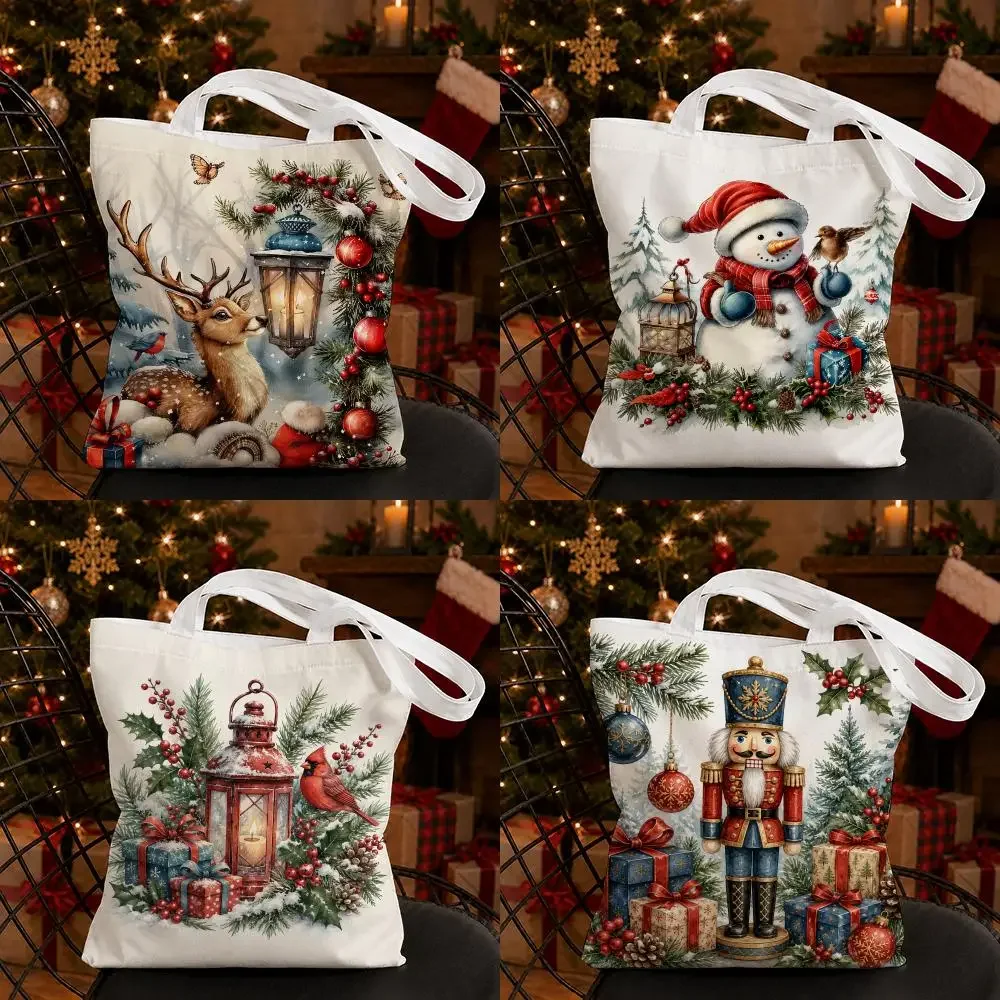 Christmas Tree Deer Snowflake Storage Bags Canvas Tote Bag Double-Sided Print Durable Shoulder Handbag for Festival Party Gift