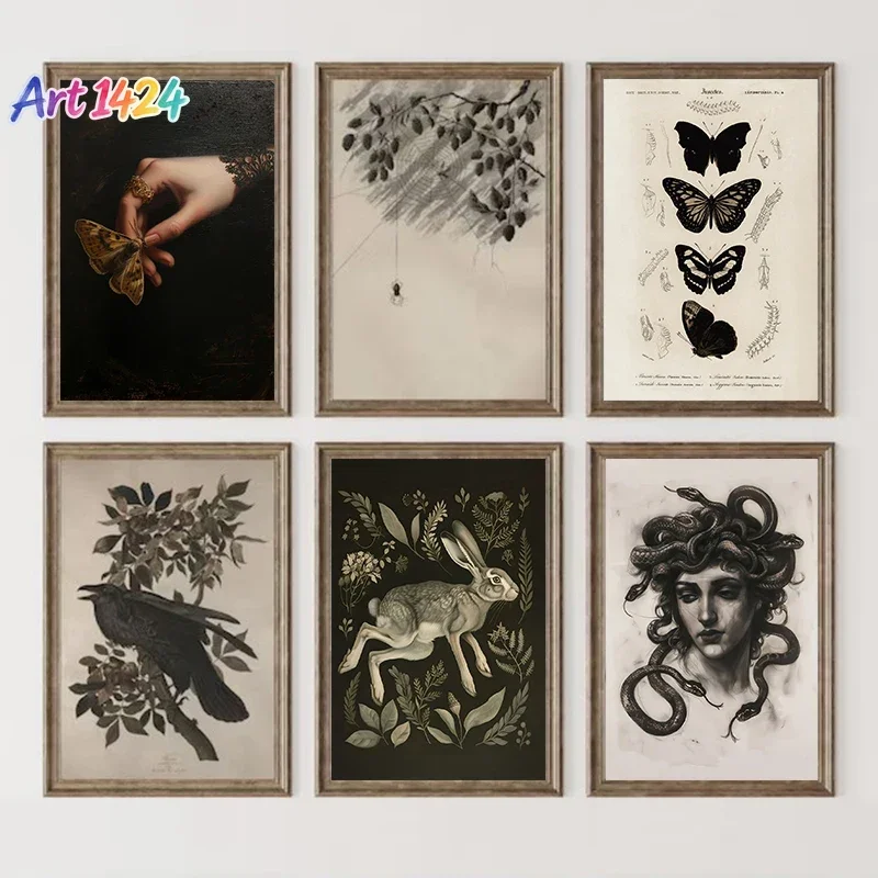 Dark Academia Woodland Moth Medusa Portrait Victorian Gothic Aesthetic Poster Canvas Painting Wall Art Pictures Home Decor Gift