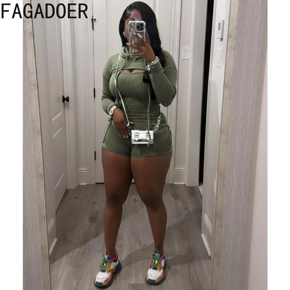 Fagadoer-女性用カーゴロンパース、フード付き長袖トップスとボディコンジャンプスーツ、サスペンダーオーバーオール、夏、ポケットファッション