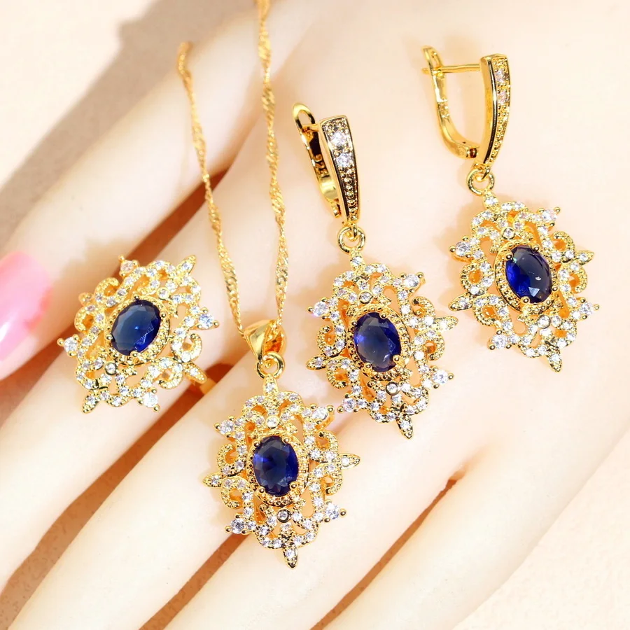 Fashion Blue Zirconia Wedding Jewelry Sets For Women Gold Plated Necklace Pendant Earrings Ring Bracelet Party Gift