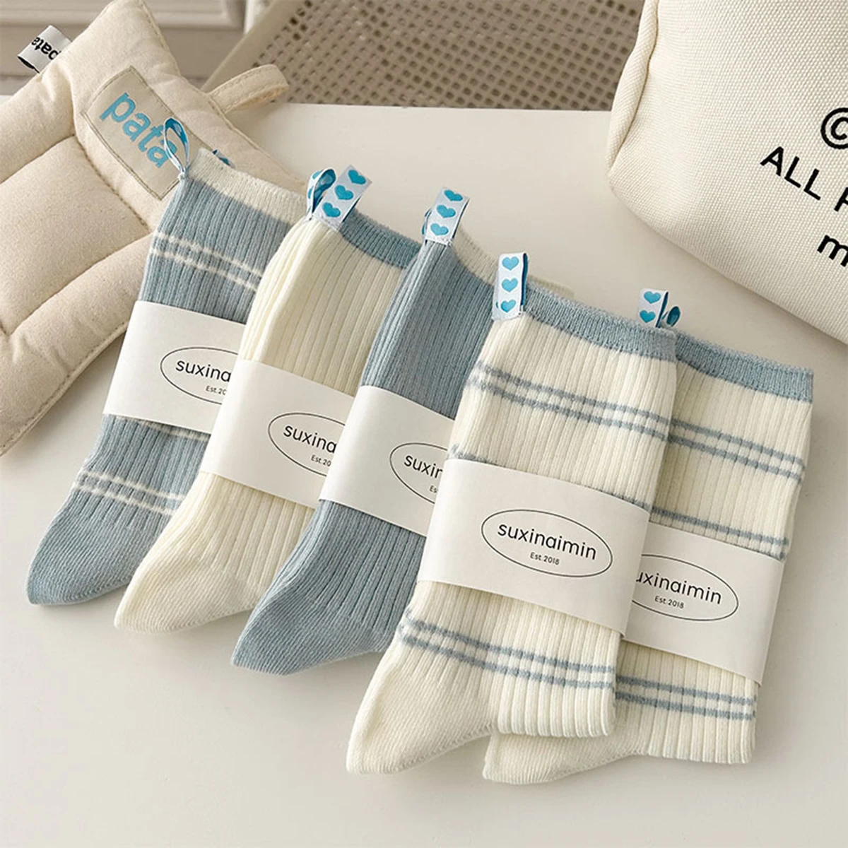 

4 Pairs Mid-Calf Socks Set Cream & Blue Striped with Heart & Double Needle Soft Polyester Machine Washable