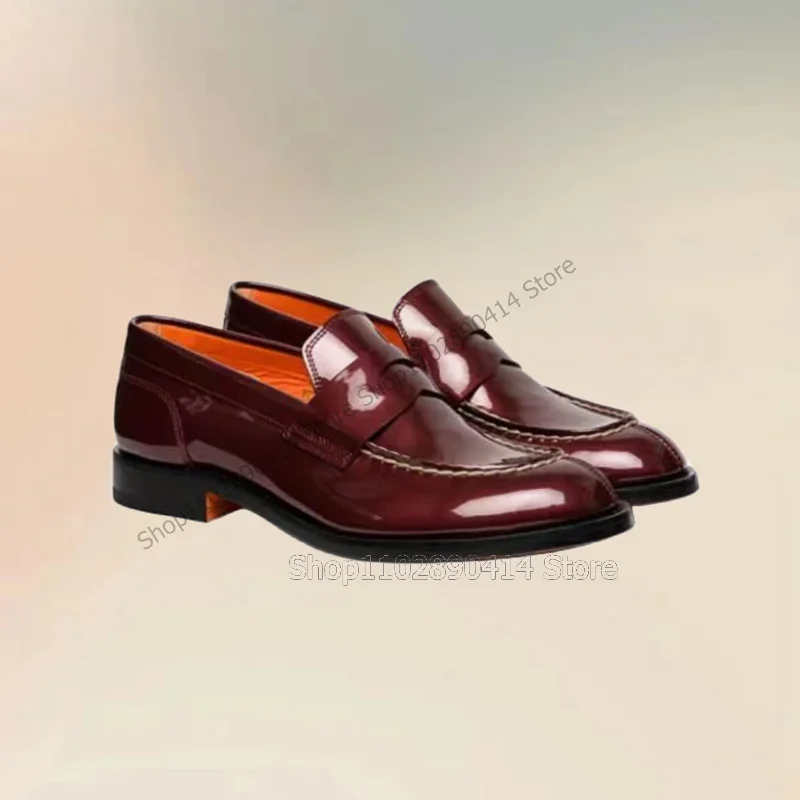 

Burgundy Patent Leather Sewing Design Penny Loafers Fashion Slip On Men Shoes Luxury Handmade Party Banquet Men Casual Shoes