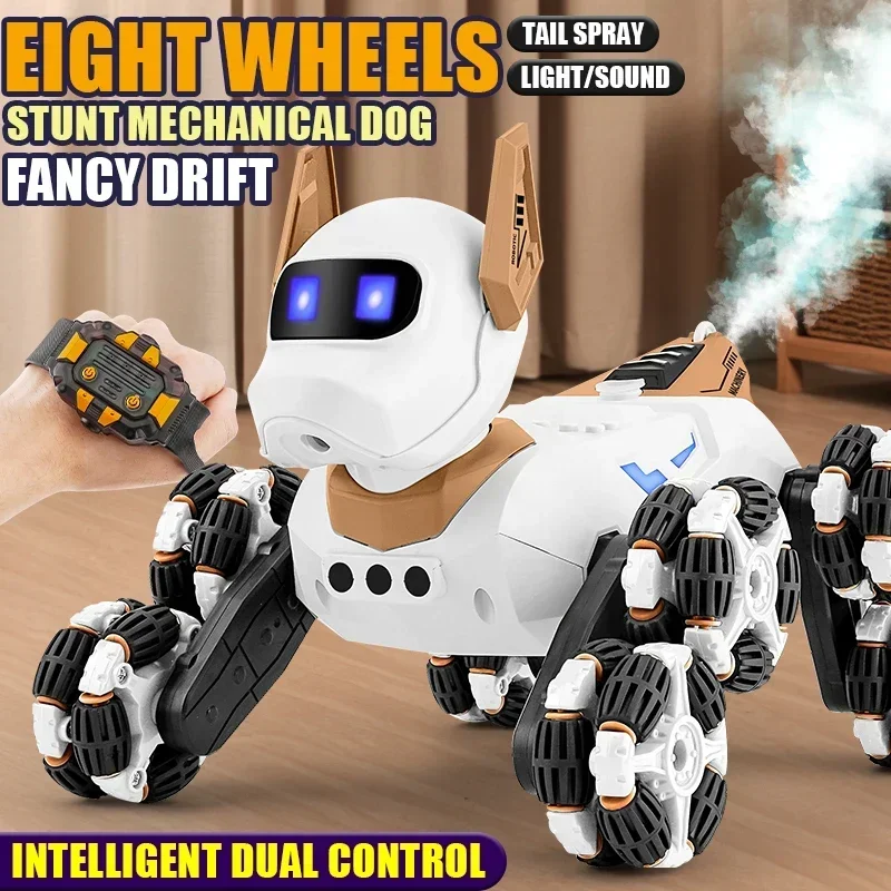 

Spray Rc Stunt Dog Eight Wheel 2.4G Radio Remote Control Mechanical Robot with Light Music Spray Electric Puppy Kids Xmas Gift