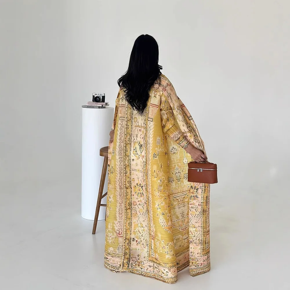 2025 Abaya casual musulmano a maniche lunghe per le donne Miyake cardigan stampato a pieghe cappotto allentato vintage abito Ramadan arabo abito da festa