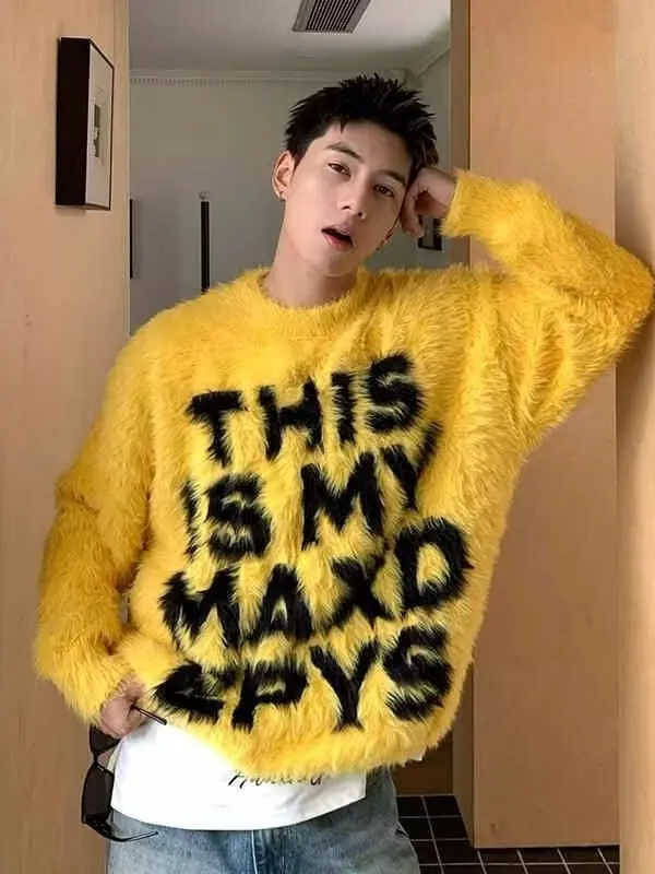 

Trendy Lazy Sle Men's Knitted Sweater round Ne Letter Print Casual Loose Fit Winter Faionable Streetwear Soft Cotton