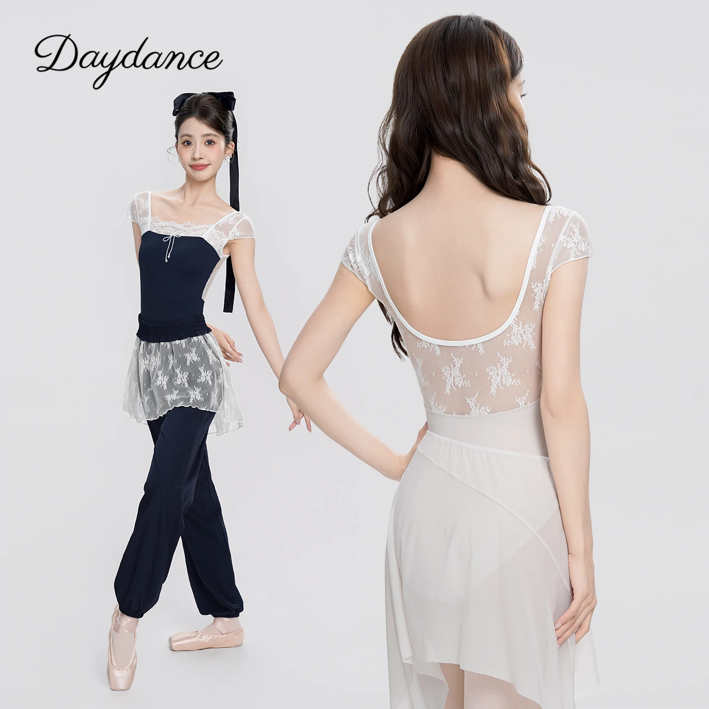 

Woman Ballet Leotards Lace Splice Dance Leotards Nylon Short Sleeves Ballet Bodysuit Adult High Stretchy Gymnastics Leotard