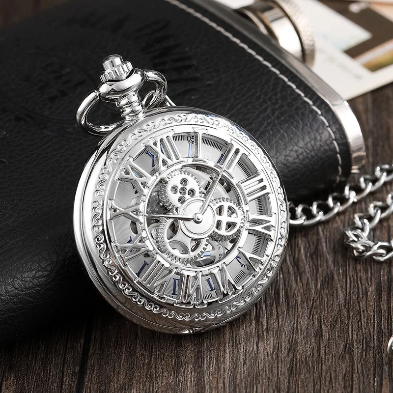 Two-dimensional animation gear parts Roman hollow pocket watch classical mechanical parts silver mechanical pocket watch