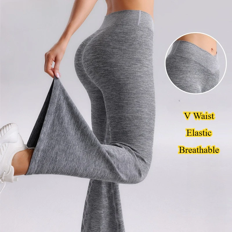 

VEQKING V Waist Women Yoga Pants Seamless Ribbed Flared Sports Pants Scrunch Butt Gym Tights Hip Lift Workout Pants