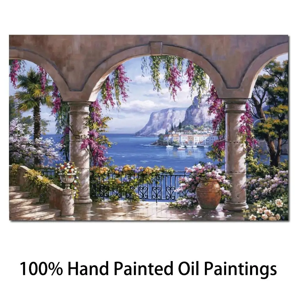 

Hand Painted Contemporary Canvas Art Garden Oil Painting Mediterran Landscape Picture for Living Room Wall Decor Floral Patio