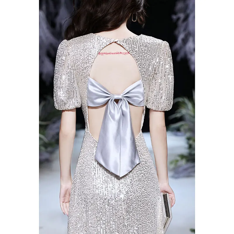 

Silver Evening Gown Women's Sexy Bal Design Par Ball Dr mid Waist ort Sve V Ne mid Long Korean Sle Wedding