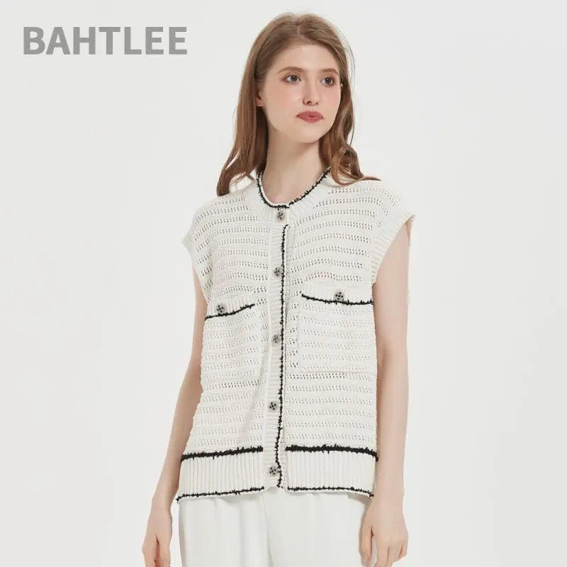 

BAHTLEE-Women's Linen Sleeveless Sweater, O-Neck Cardigan, Single Breasted Sweater, Button Split Pocket, Knitted Hollow, Summer