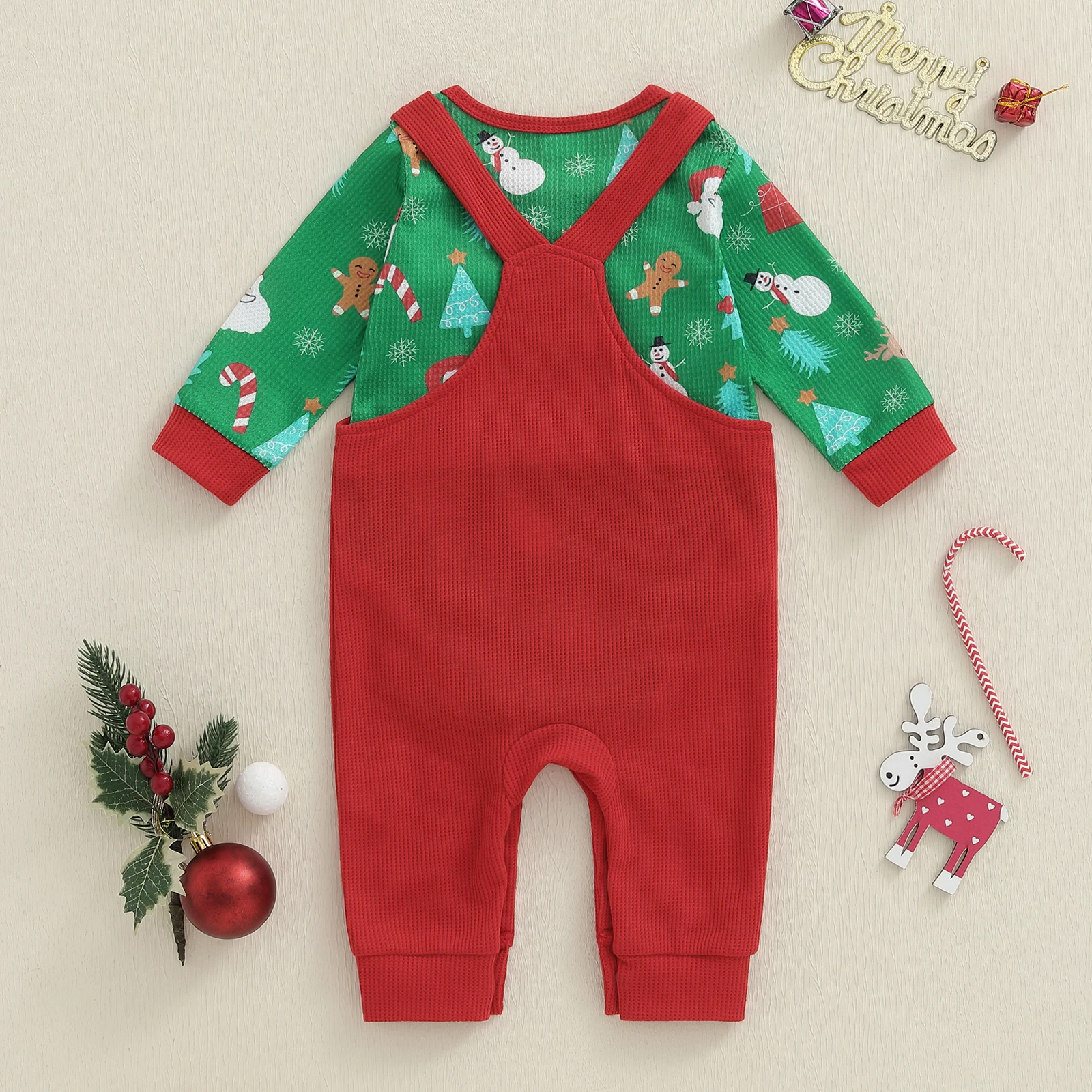 

Tregren 0-18M Infant Newborn Baby Girls Christmas Outfit Tree Snowman Print Long Sleeve Romper Overall Pants 2 Piece Set