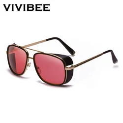 VIVIBEE Steampunk Tony Stark Men Sunglasses Vintage Designer Red Lens UV400 Sun Glasses Women Retro Square Punk Shades