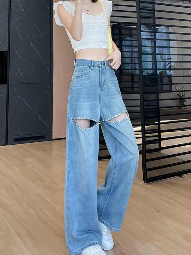

2025 Summer High Waist Wide Leg Jeans For Women Knee Broken Hole Hotfix Rhinestone Streetwear Straight Cut Jeans Trendy