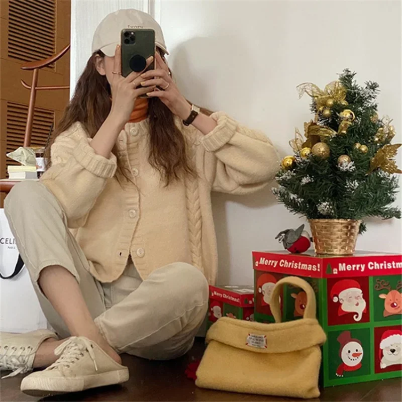 DAYIFUN-Women's Loose O-Neck Sweater Short Cardigans Vintage Fried Dough Twist Knitted Coats Autumn Winter New Jumpers for Women