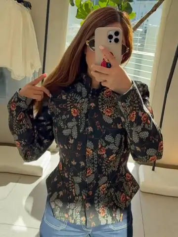 Floral Jacquard Jacket Stand Collar Long Sleeve Irregular Hem Single‑Breasted Vintage Slim Women Jackets 2026 Autumn Chic Coat