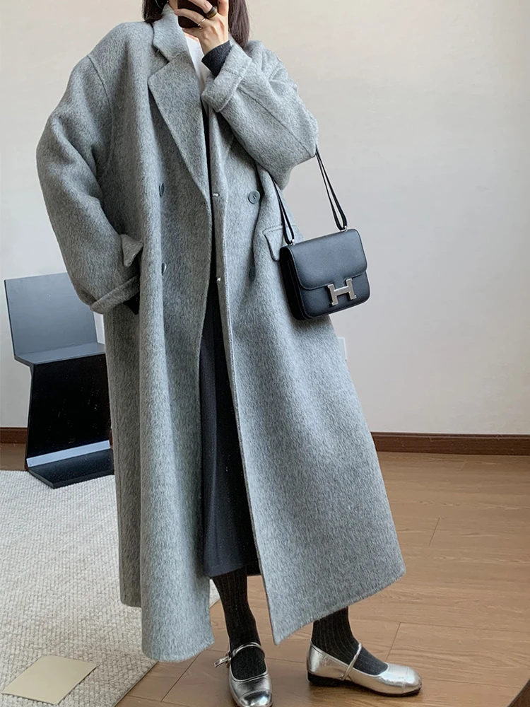 

Двустороннее шерстяное пальто с длинным ворсом для женщин, свободного кроя, зимняя верхняя одежда, прямой крой, простое, для повседневной носки