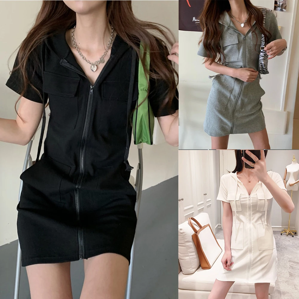 Dresses Women Casual Cotton Hooded Front Zip Fly Drawstring Pockets Short Sleeve Mini Dress Slim Fit Sports Style Bodycon Dress