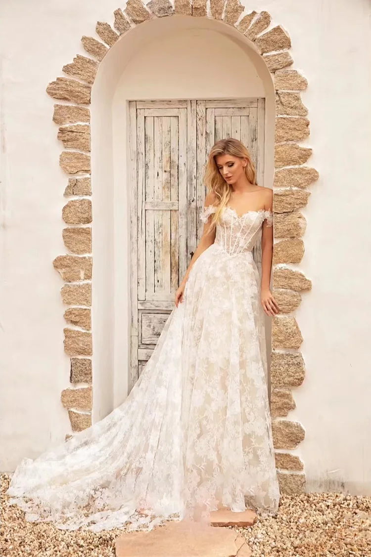 Vestido De novia De encaje blanco para mujer, traje elegante De Princesa con línea A y flores, hombros descubiertos, escote Corazón, 2024