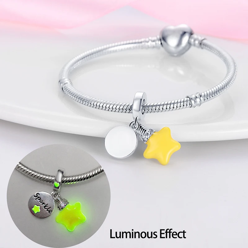 

Original 925 Sterling Silver Colorful Night Light Yellow Star Charms Pendant Fit Original Bracelet DIY Women Party Jewelry Gifts