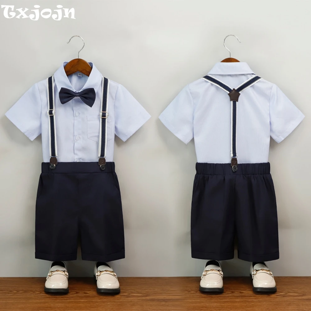 

2026 Summer Newest Boys Overalls Sets 4 Pieces Choir Performance Outfit Kids Shirt Jumpsuit With Bow-tie Piano Contest Wear