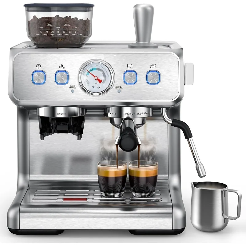 

Espresso Machine 15 Bar, with Bean Grinder and Milk Frother Steam Wand,75 Oz Removable Water Tank for Cappuccino,Stainless Steel