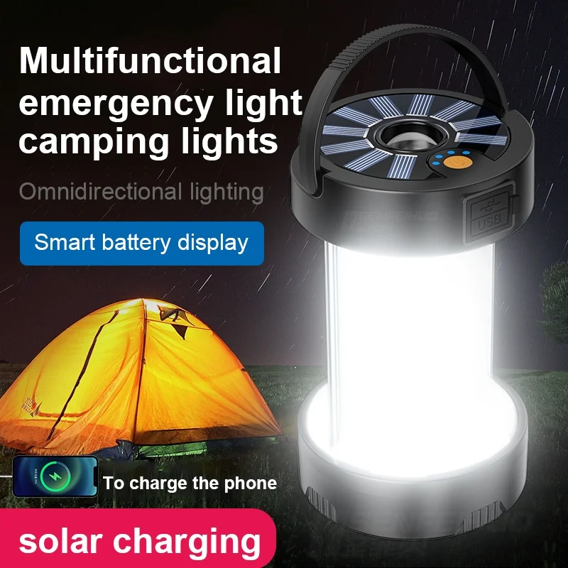 Solar LEDCamping Light LED Lantern Outdoor Waterproof Emergency Portable Rechargeable Multifunctional Tent Lamp Flashlight