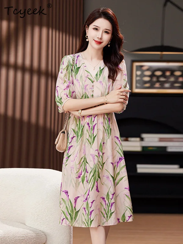 Tcyeek, vestido elegante de seda 100% real, feminino meia manga com decote em v floral, vestidos retrô de deslocamento francês, verão outono 2024 D46037QC
