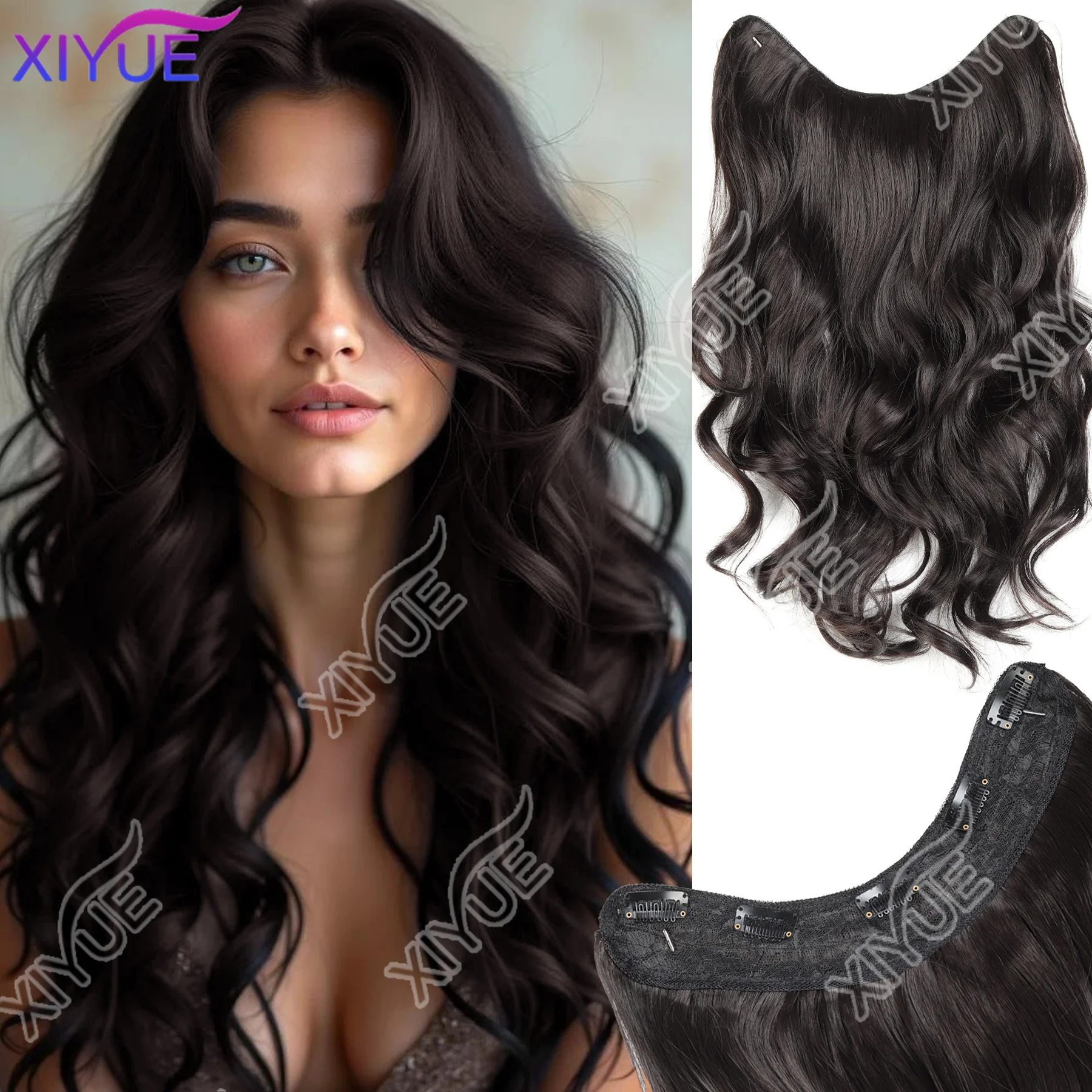 XIYUE Synthetic Long waves U-shaped Hair Extension Hair Clip In Hair Extensions False Hair Black Ren Hair Pieces for Women