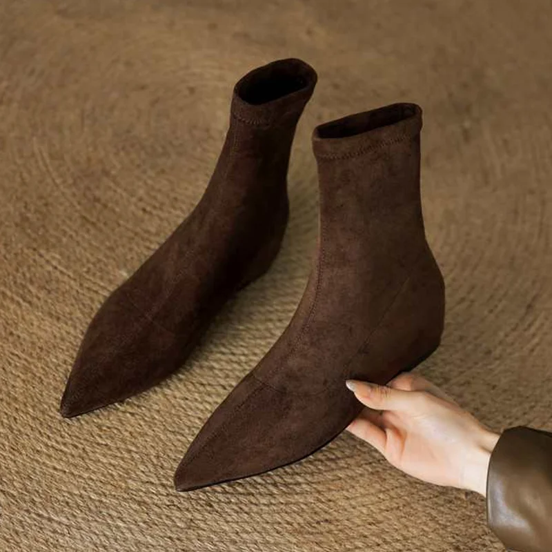 

Ankle Boots for Women's Pointed Toe Flats Suede Shoes 2025 Winter Gothic Boots New Walking Trend Fashion Comfort Mujer Botas