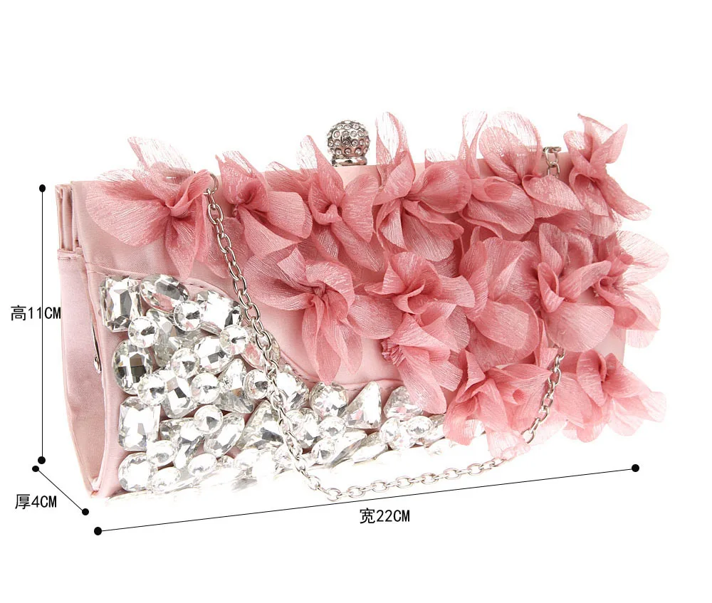 Elegant Women Crystal Bling Diamond Day Clutches Pink Flower Party Bridal Wedding Handbags and Purses Banquet Chain Evening Bags