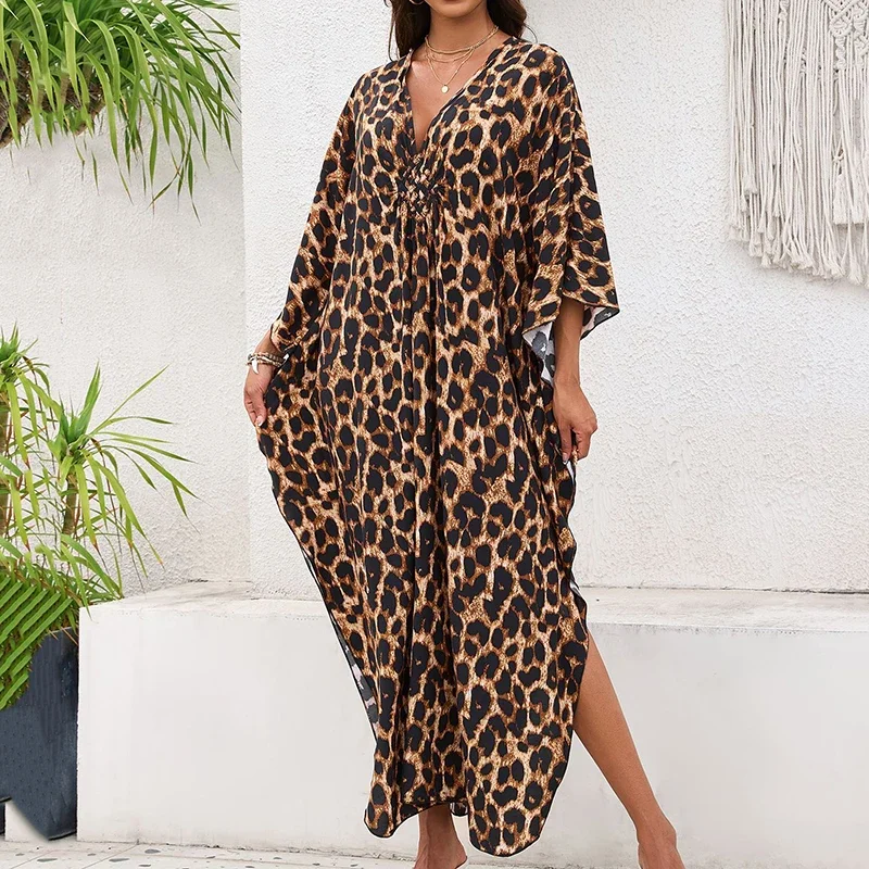 

Summer african Kaftan dress Leopard print Comfortable beach wear women Loose Femme Robe Muslim beach cover ups evening dress