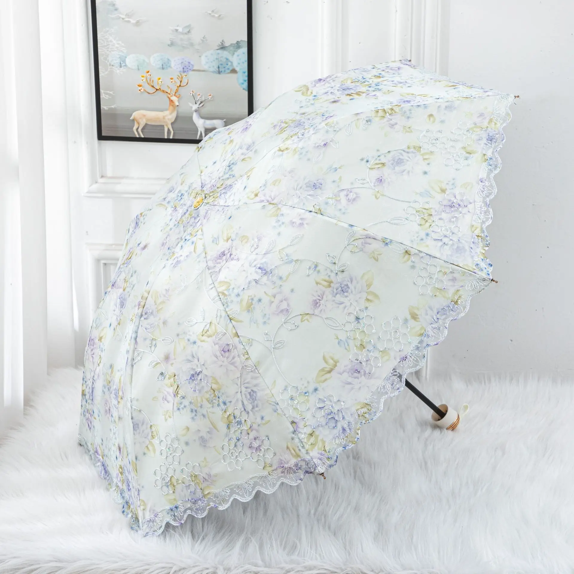 Sunshade Lace Lace Umbrella Double-layer Sunscreen Sunny Umbrella Double 8 Skeleton Three-fold Female Princess Cute UV Umbrella