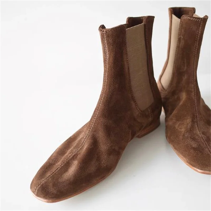 

Stitching Shoes for Ladies Square Toes Low Heels Female Short Boots Pleated Womens Sewing Lines Velvet Zapatos Mujer Suede Femme