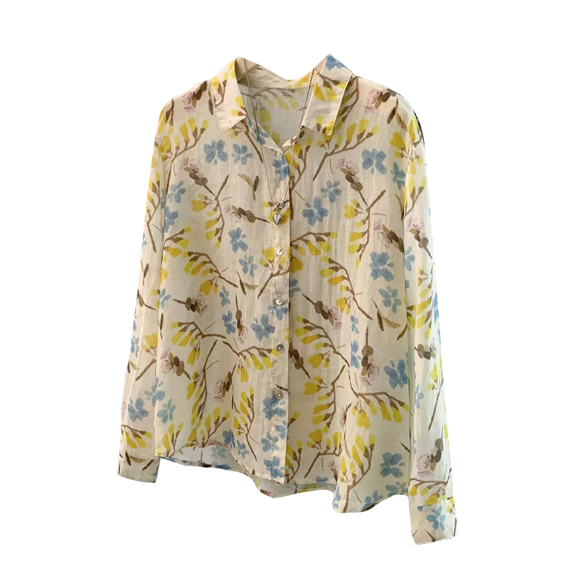 خريف ربيع جديد Sle خفيف الوزن طويل Sve مطبوعة irt ساحة طوق سترة فضفاضة للتنقل أوراق صفراء مجانية