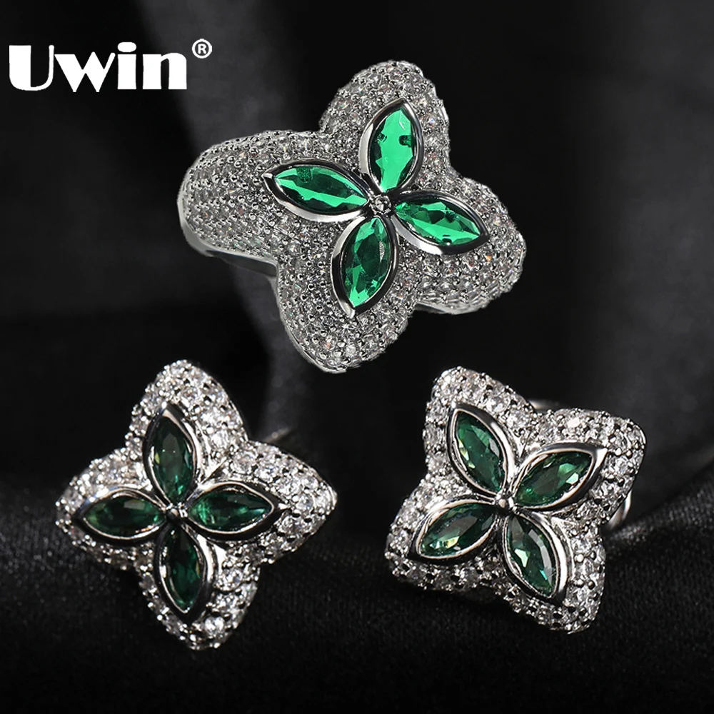 

UWIN Iced Cross Earing/Ring Set Jewelry for Women Green/White Cubic Zircon Stud Earrings and Ring Fashion Jewelry Set for Gift