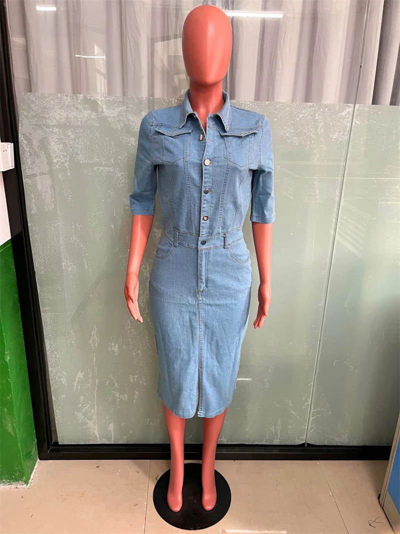 Fashion Jean Dress Women Summer Y2K Clothes Turn Down Collar Button Up Bodycon Midi Dresses Streetwear Denim Dress Vestidos