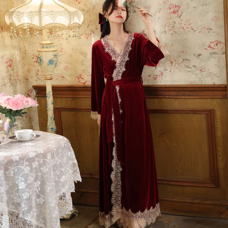 Women Velvet Night Dress Two Pieces Autumn Winter Warm Velour Robe Sets Sexy Lace V Neck Nightwear Vintage Nightgowns Sleepwear