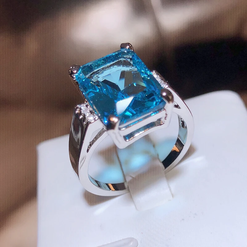 Classic 925 Stamp New Simple Ladies Ring Set Rectangular Light Blue Zirconia Ring Wedding Birthday Party Jewelry Gift