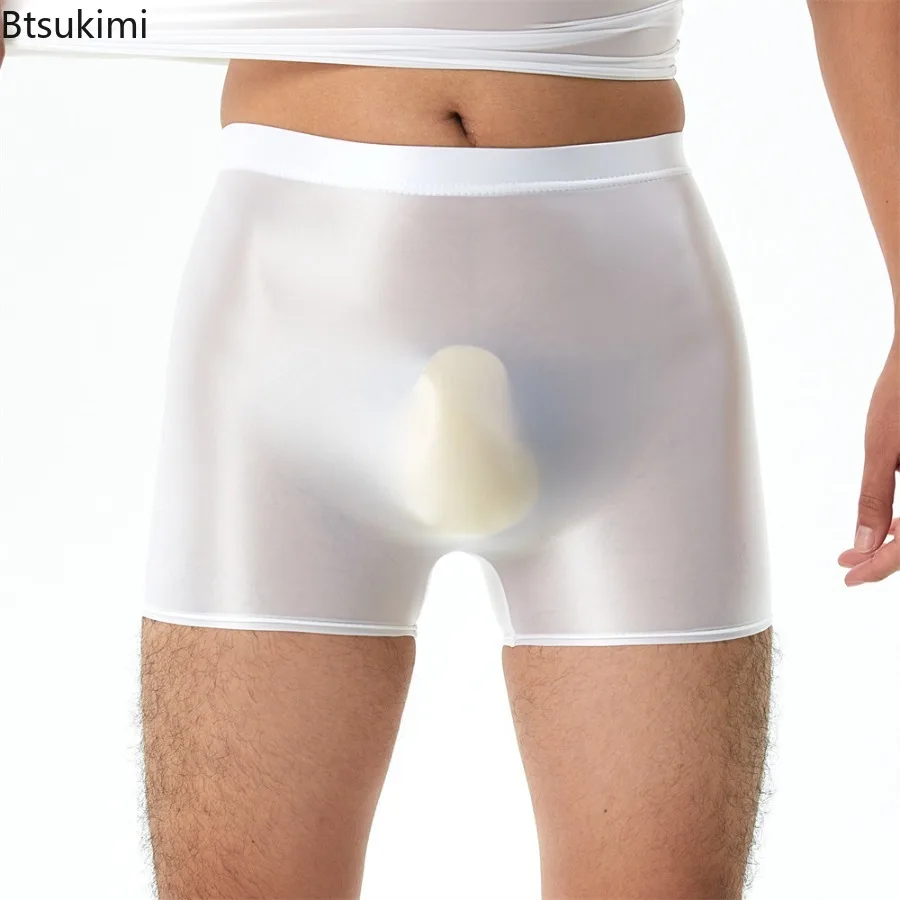 

2025 Men's Sheer Shiny Oil Boxer Sexy Underwears Solid Boxers Shorts Erotic Elastic Ice Silk Panties Ultra-thin Underpants Homme