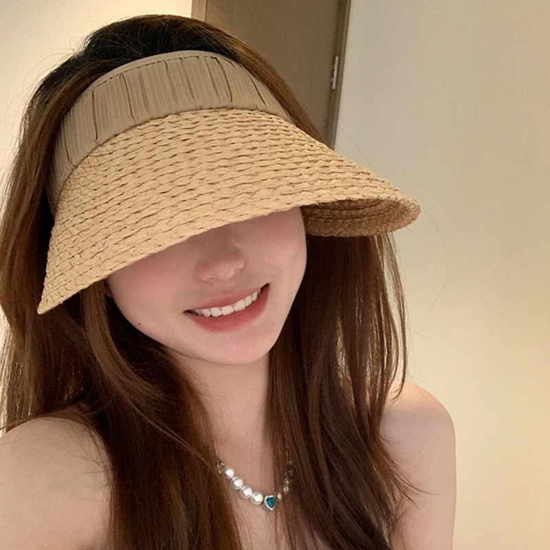 Summer Sun Hat for Women Handwoven Grass Empty Top Hat Korean Girl Straw Cap Large Brim Outdoor Cycling UV Protection Visors 모자