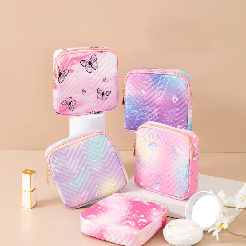 Women Beauty Butterfly Cartoon Girl Sanitary Napkin Storage Bag Cute Small MakeUp Bag Coin Key Purse Card Holder Bag Case