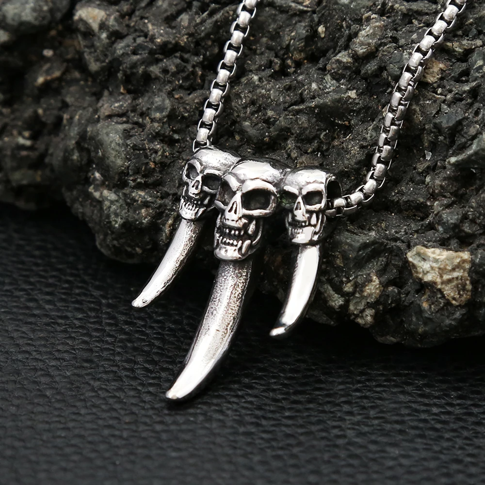 Nieuwe Vintage Rvs Skull Wolf Tand Hanger Kettingen Voor Mannen Punk Hiphop Power Mannelijke Choker Jungle Wild Accessoires